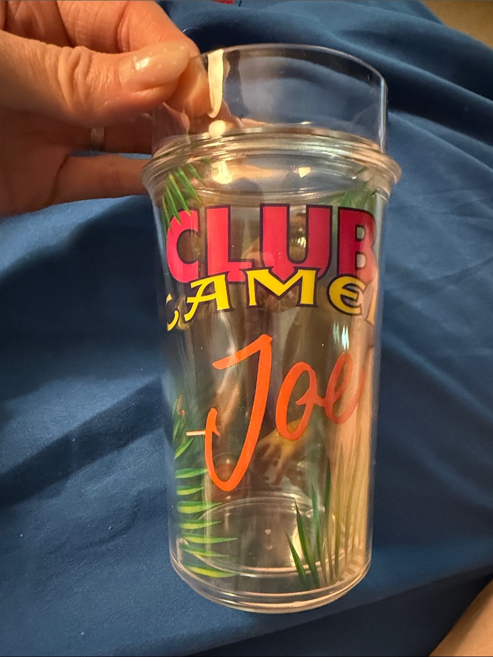 Vintage 1992 Club Cameo Joe Tropical Clear Tumbler, 6” Tall, Holds 13oz